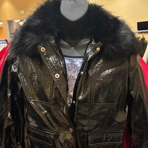 Fashion Nova Black Patent Trench Coat with Faux-Fur Collar